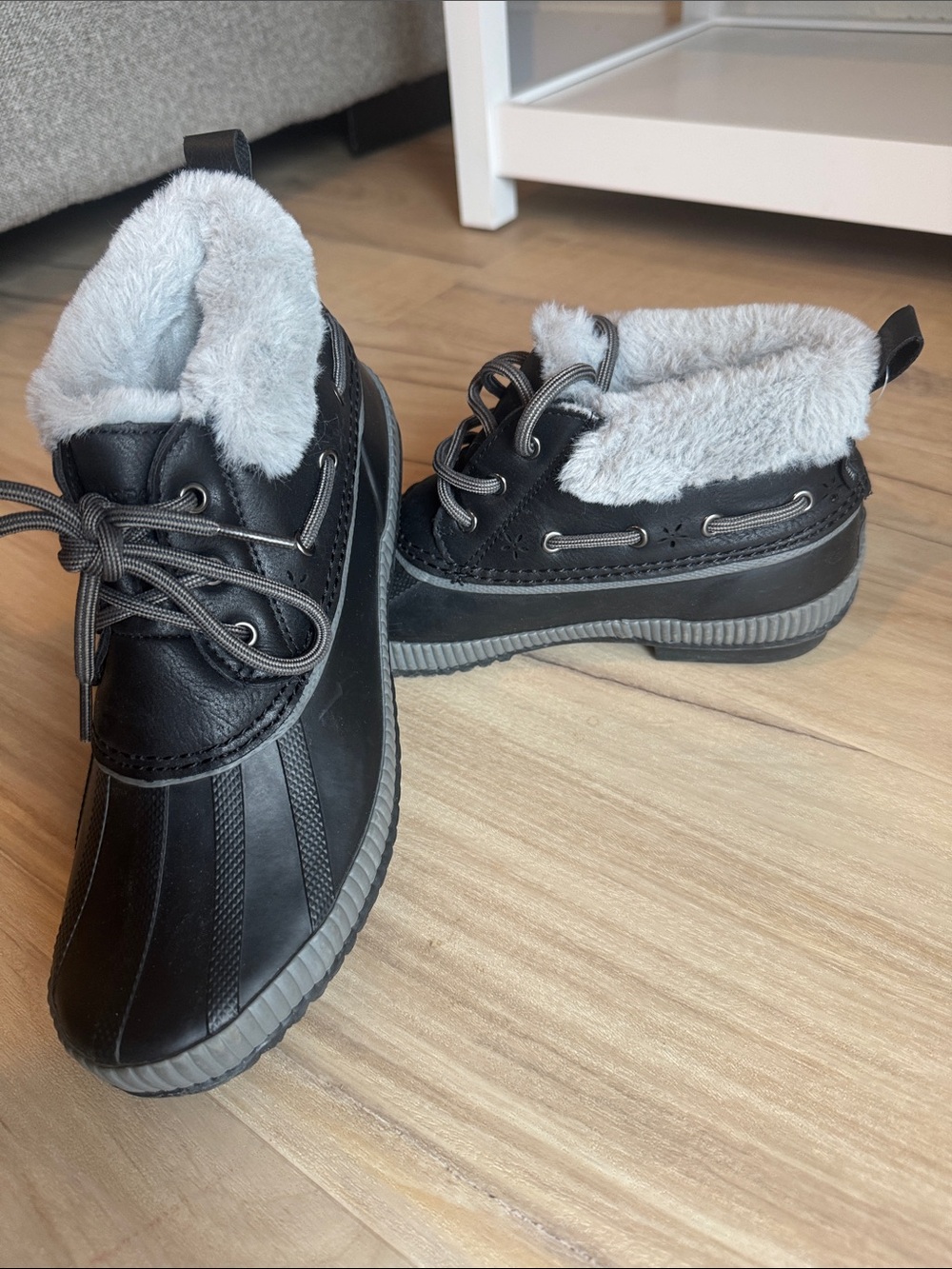 JSport by Jambu Black Ankle Duck Boots with Gray Faux-Fur Lining
